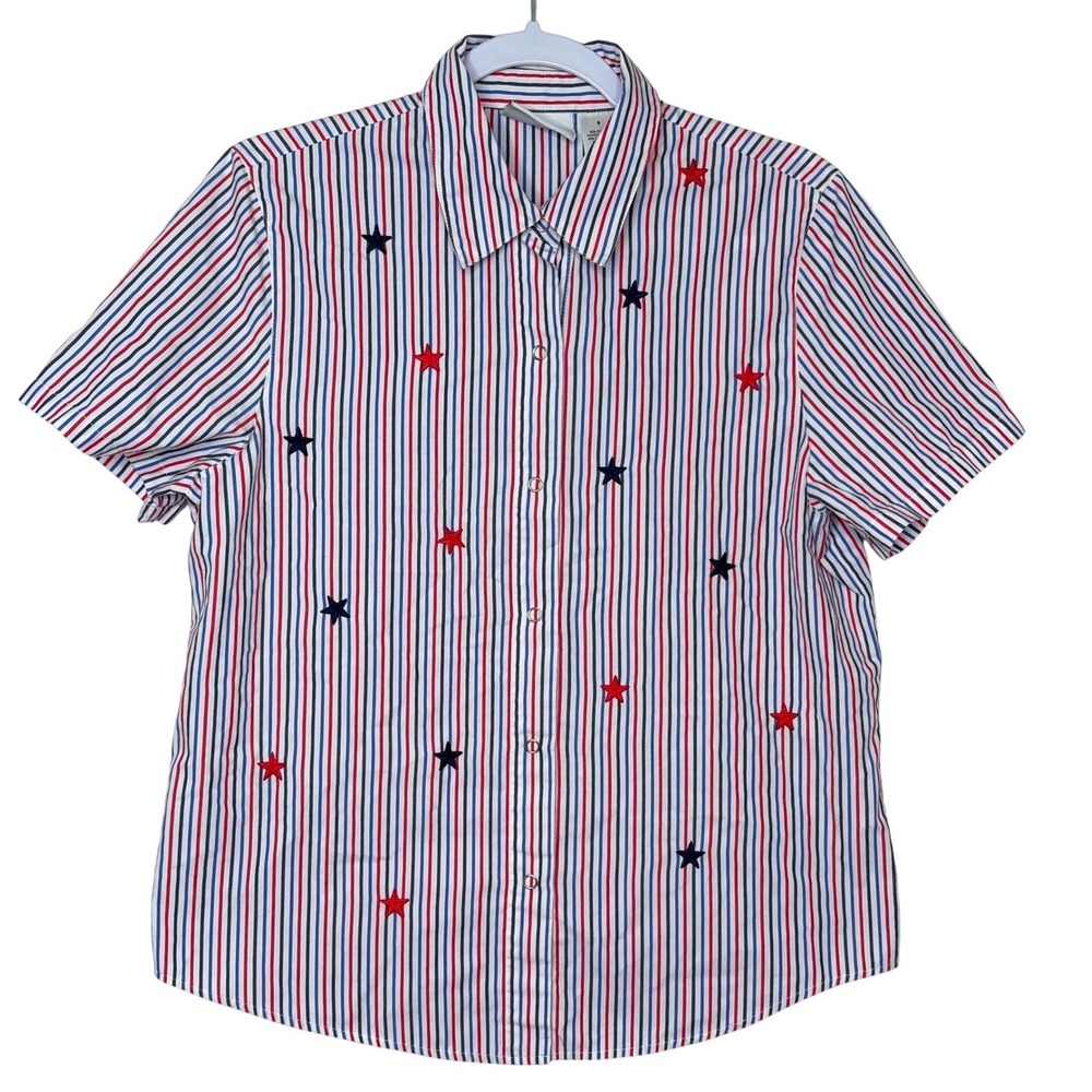 Alfred Dunner Patriotic Blouse Sz 8 Red White Blue Striped Star Vintage Top